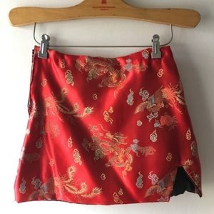 High Waisted Chinese Silk Print Skirt